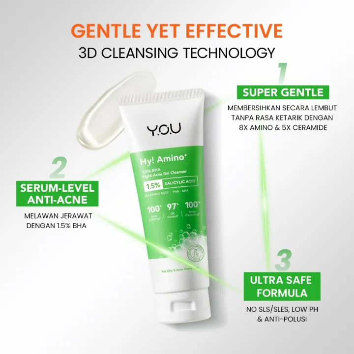 Y.O.U Hy! Amino 1.5 BHA Fight Acne Gel Cleanser 100G BY AILIN | Lazada Indonesia
