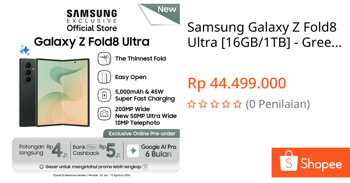 Jual Samsung Galaxy Z Fold8 Ultra [16GB/1TB] - Green Shadow (Online Exclusive) | Hp AI | 5000mAh | Desain Lebih Tipis | Shopee Indonesia