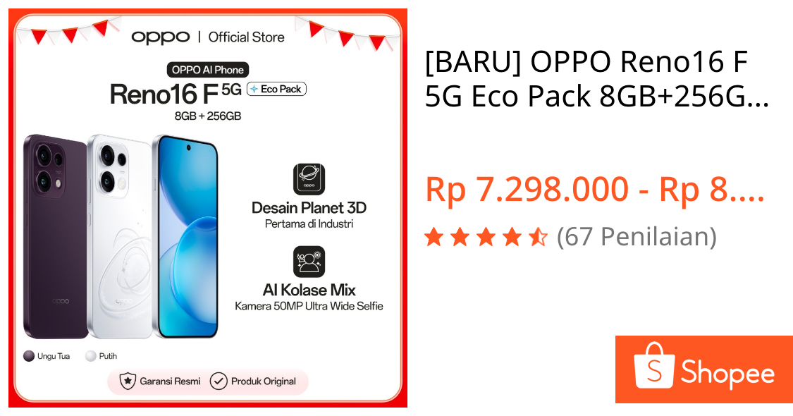 Jual [BARU] OPPO Reno16 F 5G Eco Pack 8GB+256GB [3D Pop Planet Design, AI Remix Collage, 50MP Ultra-wide Selfie Camera] | Shopee Indonesia