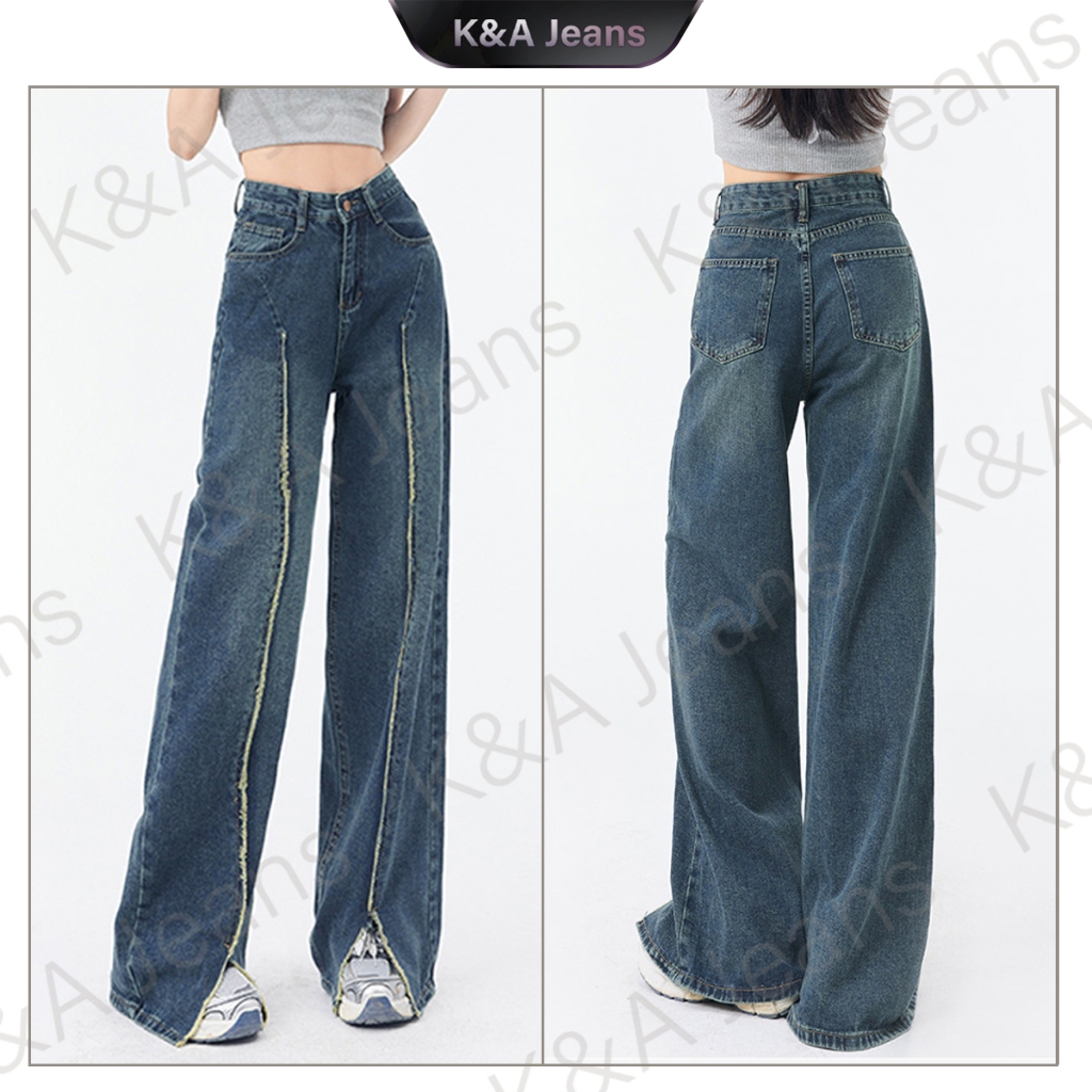 [K&A]COD S-XL Highwaist Jeans Biru Tua Jeans Longgar Wanita Pinggang Tinggi Kulot Jeans Wanita Loose Jeans Celana Denim Kaki Lebar Korean Style Straight Leg Jeans Celana Panjang Impor Berkualitas Tinggi Jeans Wanita