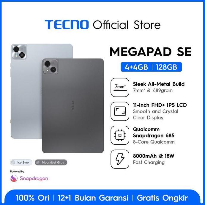 TECNO MEGAPAD SE 4+4GB*128GB, Qualcomm Snapdragon 685, 8000mAh, 11inch Eye Care FHD+, Hybrid Sim-Card, TECNO AI, 4 speaker Dolby Atmos -megapadse