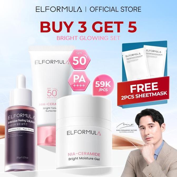 [FREE 2PCS SHEET MASK] Bundle 3in1 Elformula Intensive Care  - Daily Gentle Low pH Facial Cleanser + Intensive Peeling Solution + CeraHydro Barrier Repair Moisture Gel - Membersihkan & Mencerahkan Wajah Niacinamide Cleansing Moisturizer