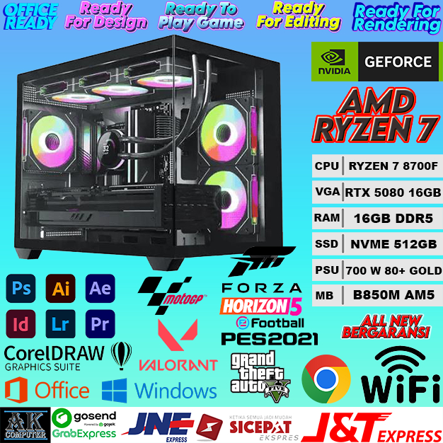 PC GAMING RAKITAN AMD RYZEN 7 8700F + VGA RTX 5080 16GB + RAM 16GB DDR5 + SSD NVME 512GB