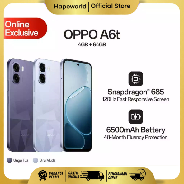 Jual OPPO A6t Online Exclusive 4GB+64GB/128GB & 6GB+128GB [Snapdragon 685, 6500mAh Large Battery, 120Hz Ultra High | Shopee Indonesia