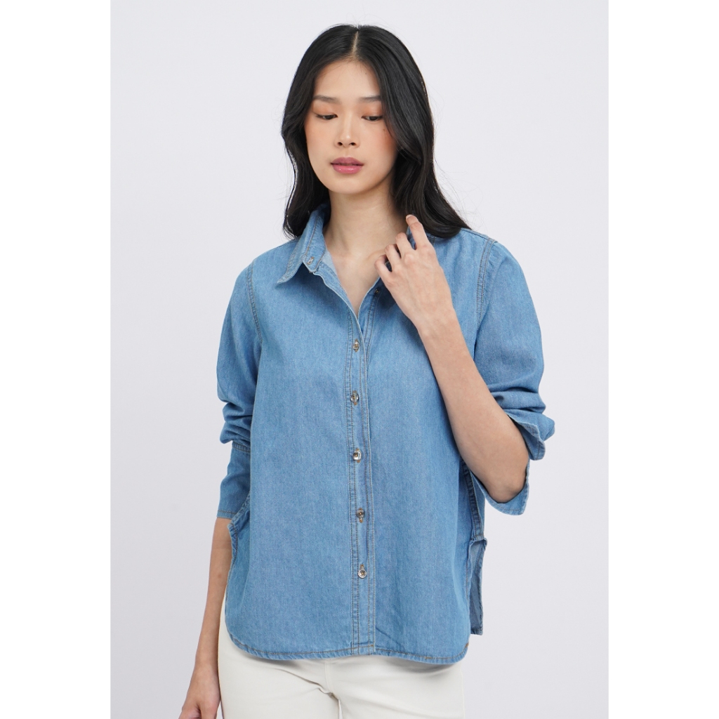 Jual Et Cetera Long Sleeve Denim Blouse Lt. Blue | Shopee Indonesia