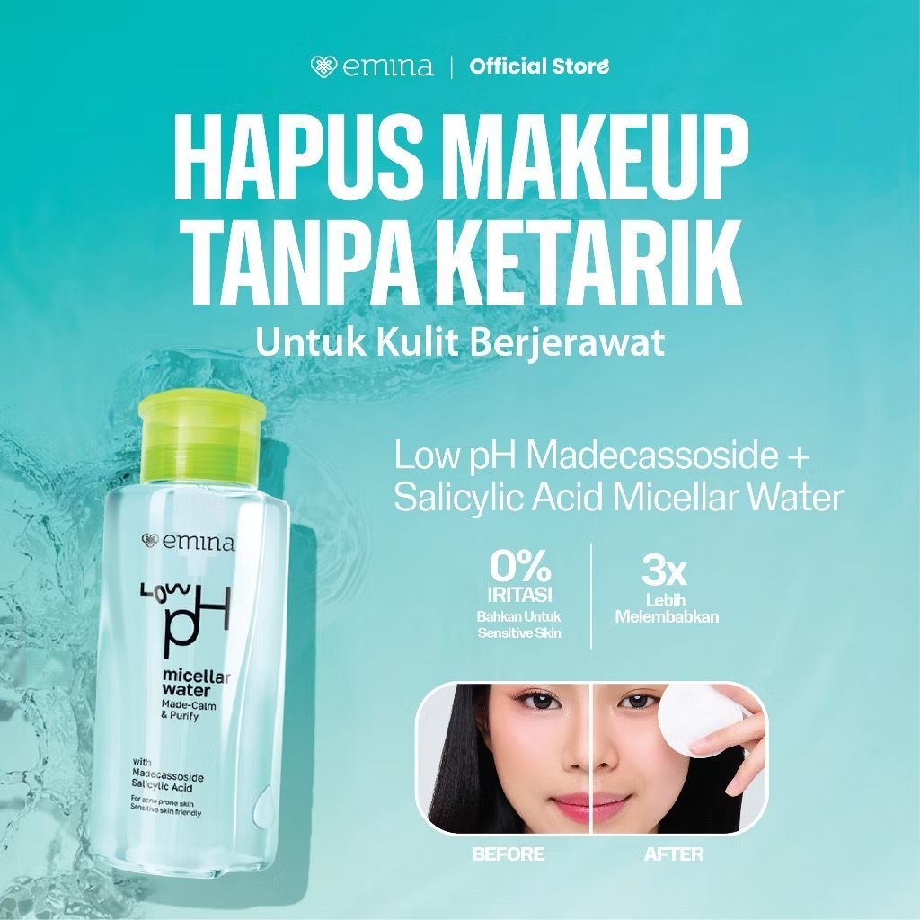 Emina Micellar Water Low pH Made Calm & Purify 300 ml - Pembersih Wajah untuk Kulit Sensitif dan Lebih Lembab 3x