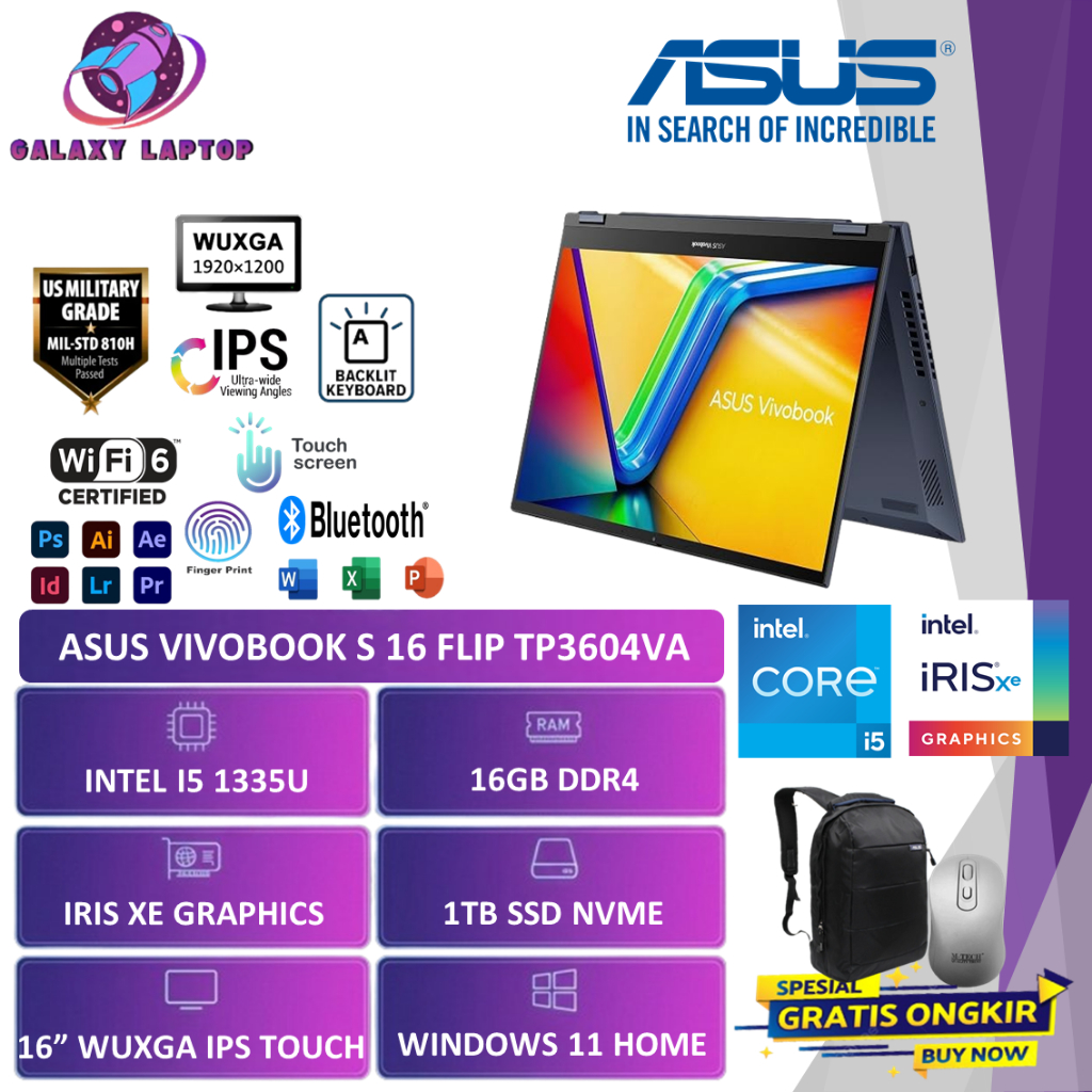 Laptop  2in1 Asus Vivobook S16 Flip TP3604VA i5 1335U  [ RAM 16GB SSD 1TB ] 16.0 Touch  Win11