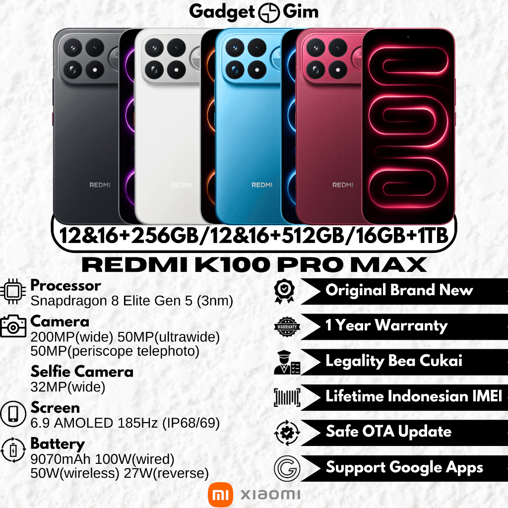 Jual Redmi K100 Pro Max 5G 16GB 1TB Snapdragon 8 Elite Gen 5 200MP 185Hz 9070mAh 100W IP68/69 BNIB Bergaransi Original | Shopee Indonesia
