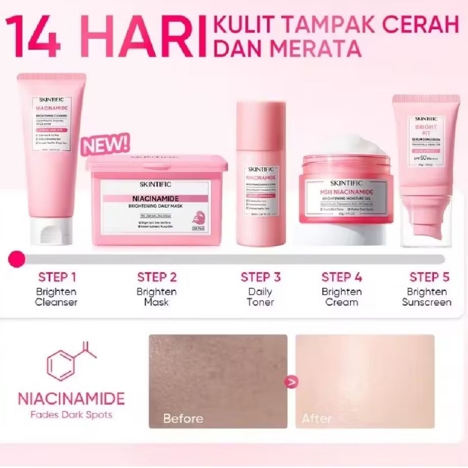 SKINTIFIC Set 5PCS Niacinamide Brightening Daily Mask+TXA Niacinamide Brightening Moisture Gel 30g+Niacinamide Boost Radiance Toner 80ml+Bright Fit Serum Sunscreen 30g +Niacinamide Brightening Cleanser