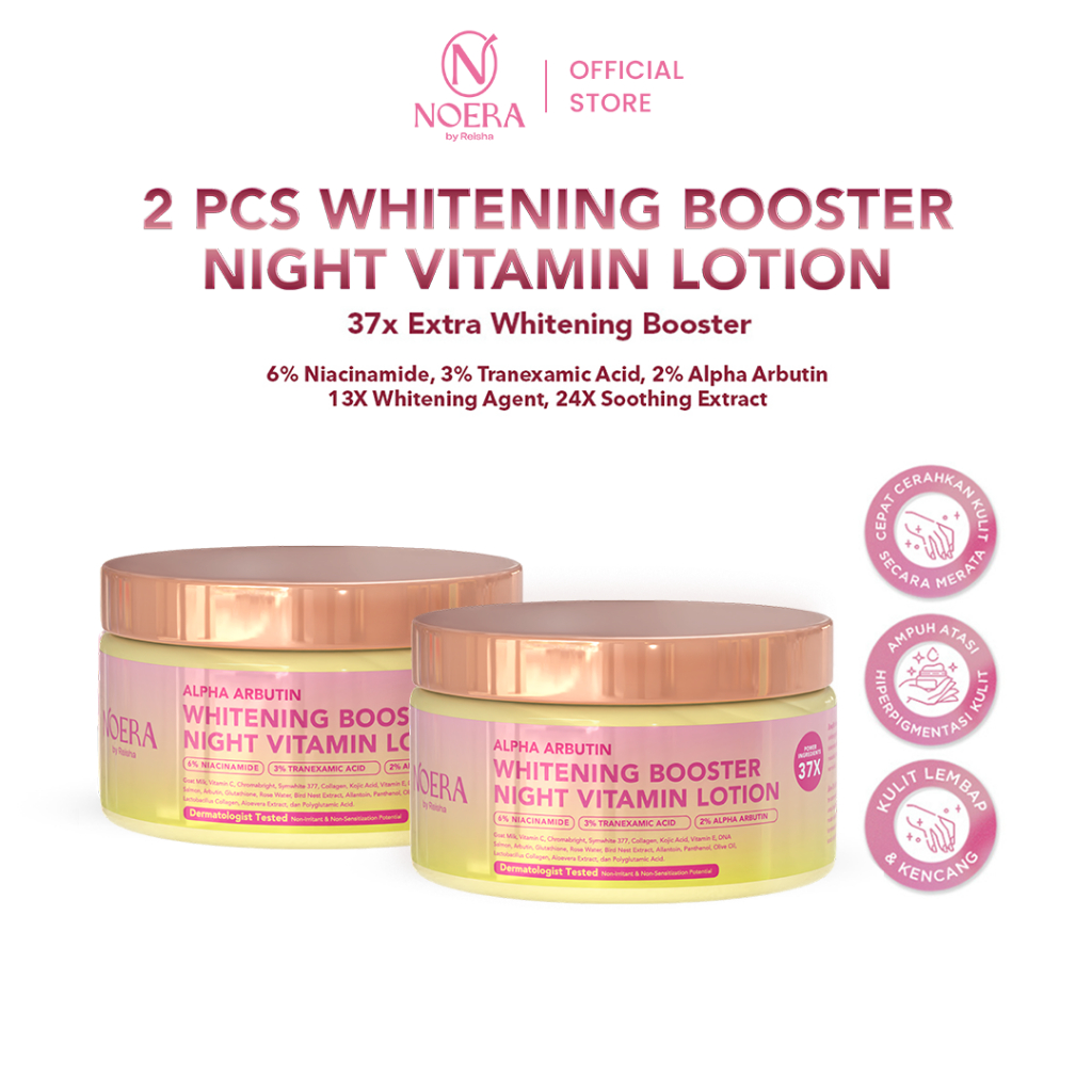 Noera Bundling Pcs Paket 2 Botol Lotion Malam Pencerah Kulit dengan Vitamin - 100 ml Pcs Whitening Booster Night Vitamin Loti