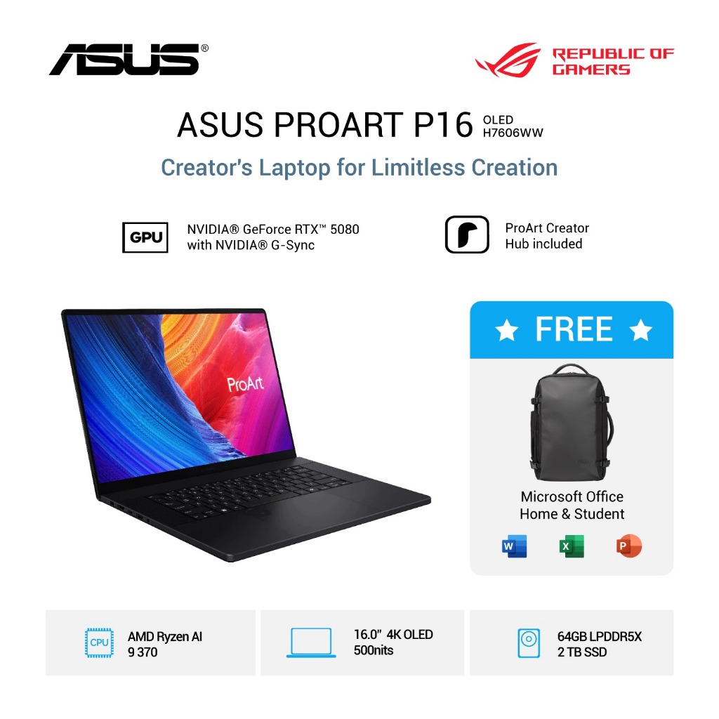 Jual ASUS PROART P16 OLED TOUCH H7606WW RYZEN AI 9 370 RTX5080 16GB/ 64GB 1TB WINDOWS 11 + OFFICE 16.0 3K BLACK -OLEDS9621TM | Shopee Indonesia