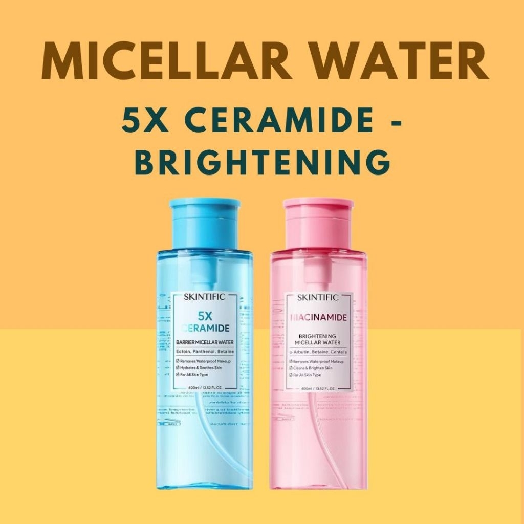 SKINTIFIC - Brightening niacinamide / 5X Barrier ceramide Micellar Water 400ml Untuk Semua Kulit Lembut cleansing oil Penghapus Makeup Waterproof Hapus Riasan Tahan Air dengan Centella dan Tanpa Iritasi untuk Kulit Sensitif berjerawat