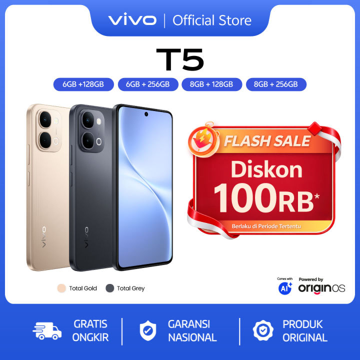 vivo T5 - 7200 mAH + 44W FlashCharge, 32MP Front Camera, Origin OS + vivo AI, IP68/69/69+ | Lazada Indonesia