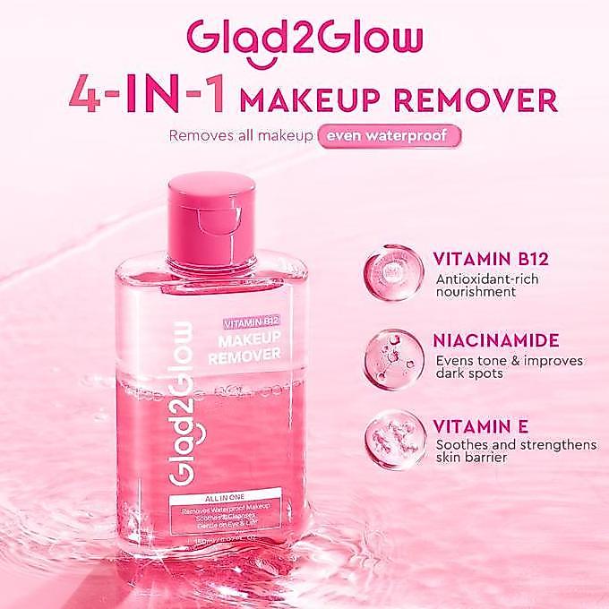 NEW [New] Glad2Glow Vitamin B12 All In One Makeup Remover 150ml-Pembersih Makeup Waterproof Dual Phase Dengan Vitamin B12 Niacinamide Vitamin E Aman Untuk Mata Bibir dan Kulit Sensitif Membersihkan Tanpa Iritasi Tekstur Ringan No Lengket