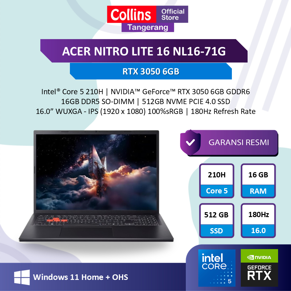 Jual ACER Nitro Lite 16 RTX 3050 6GB Core 5-210H 16GB SSD 512GB 16" 180Hz W11+OHS - Nitro Lite 16 NL16-71G | Shopee Indonesia