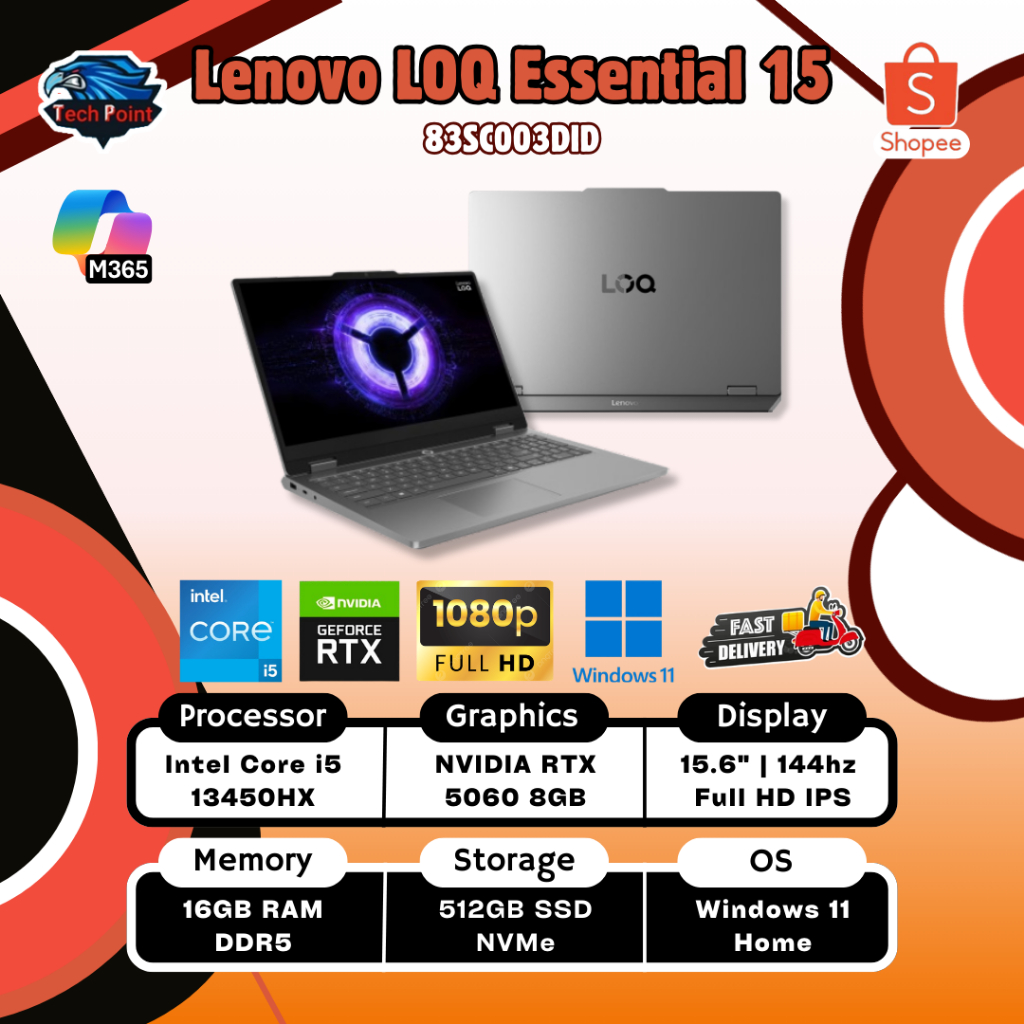 LENOVO LOQ ESSENTIAL 15 I5 13450HX RTX5060 8GB/ 16GB 512GB W11+OHS+M365B 15.6FHD 144HZ 100SRGB BLIT 2Y PREM+2ADP GRY
