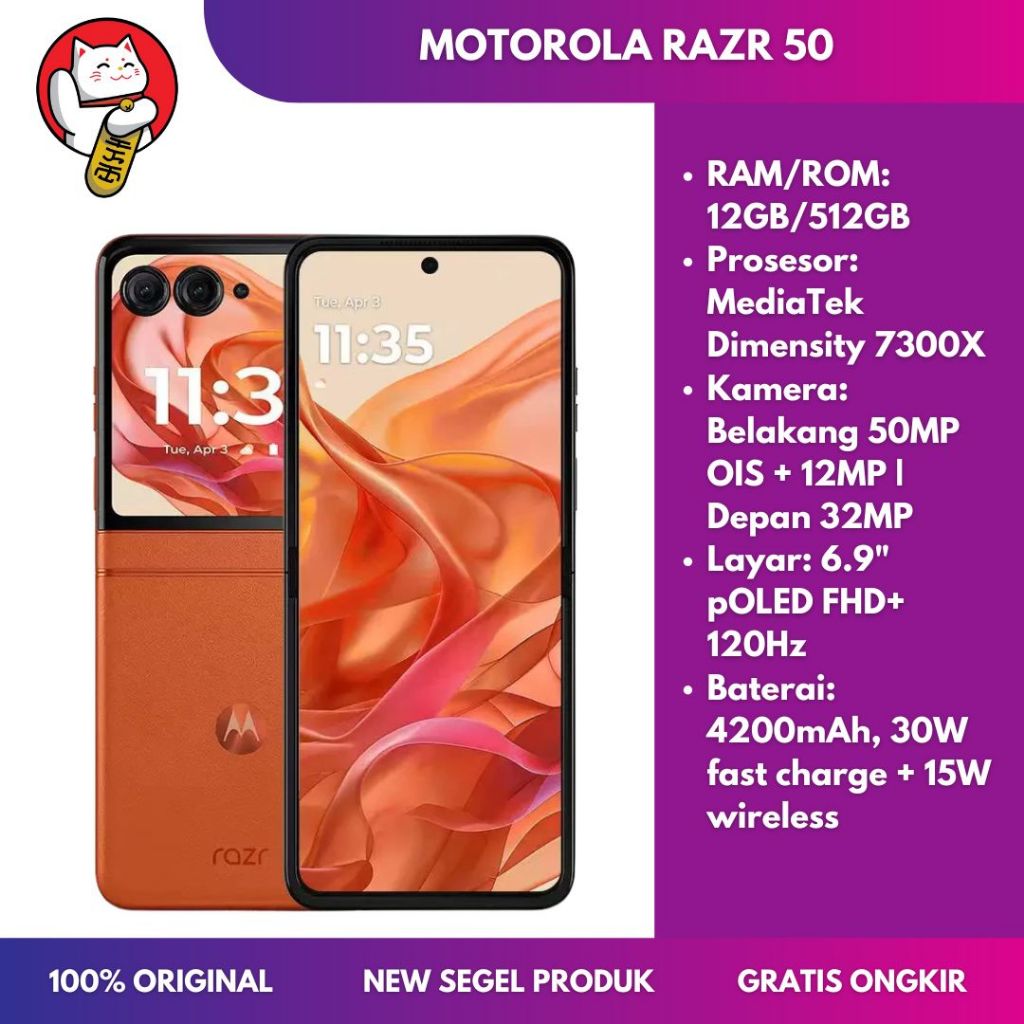 MOTOROLA RAZR 50 5G 12GB 512GB Baterai 4200mAh 30W Dimensity 7300X Layar 6.9" FHD+ Android 14