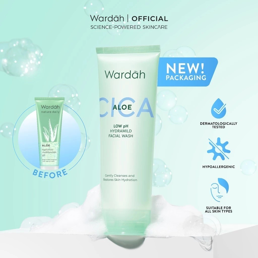 Wardah Cica + Aloe Low pH Hydramild Facial Wash Nature Daily -Kandungan Aloe Vera & Centella Asiatica,100 ml