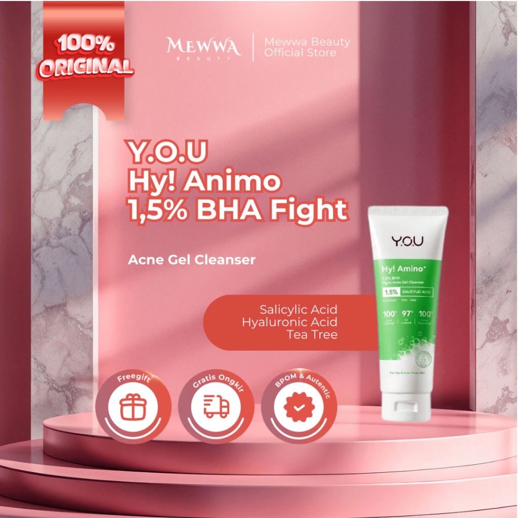 Mewwa Beauty - Y.O.U Hy! Amino+ 1.5% BHA Fight Acne Gel Cleanser | membersihkan pori, mengurangi minyak berlebih, sehingga kulit terasa segar dan sehat - Original BPOM