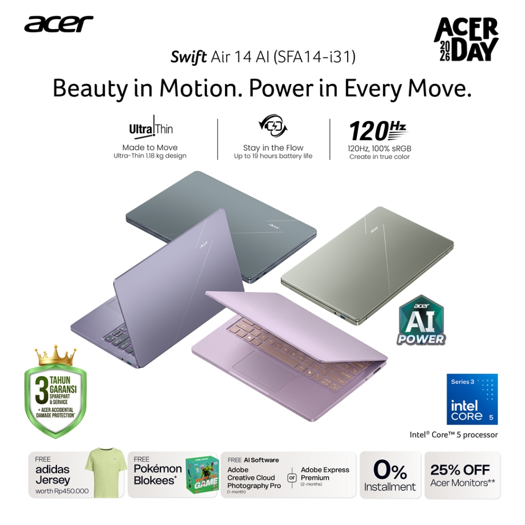 Jual (FREE EXCLUSIVE GIFT) ACER LAPTOP SWIFT AIR 14 AI SFA14-I31 INTEL CORE 5 320 INTEL GRAPHICS RAM 8GB/12GB STORAGE 512GB SSD 14 INCH WUXGA WINDOWS 11 - THIN, LIGHT, TIPIS, RINGAN | Shopee Indonesia