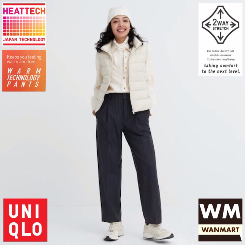 UNIQLO Heattech Pleated Pants Celana Panjang Winter Wanita Tapered Lipit Garis Navy