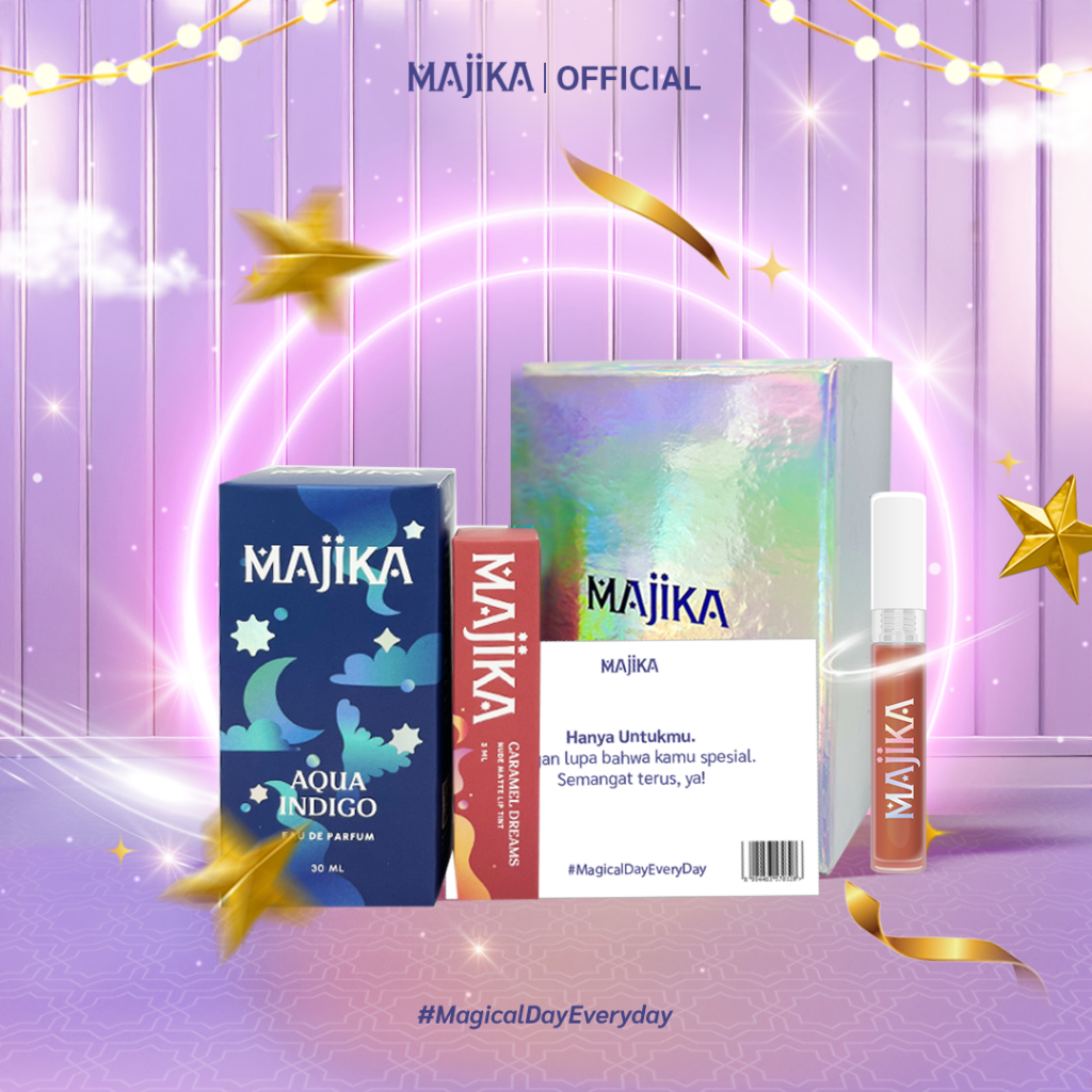 MAJIKA Aura Kit Gift Box |KADO ULANG TAHUN|HANYA UNTUKMU|SELAMAT | [Aqua Indigo EDP + Lip Tint Caramel Dreams + Box + Gift Card] | Parfum Unisex Tahan Lama