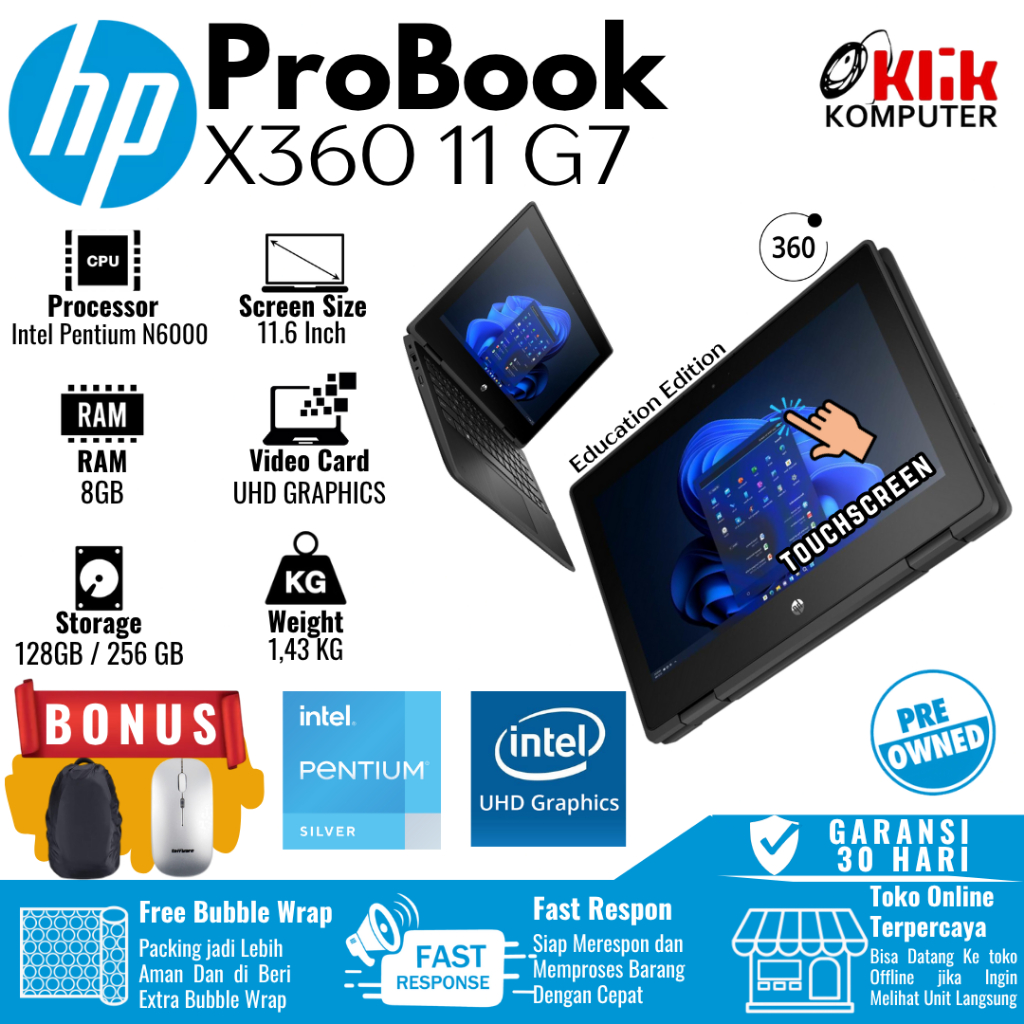 Jual HP Probook LAPTOP X360 11 G6 EE / G7 Touchscreen Edition with Slim Design i3 gen 10 / pentium FOLD | Shopee Indonesia