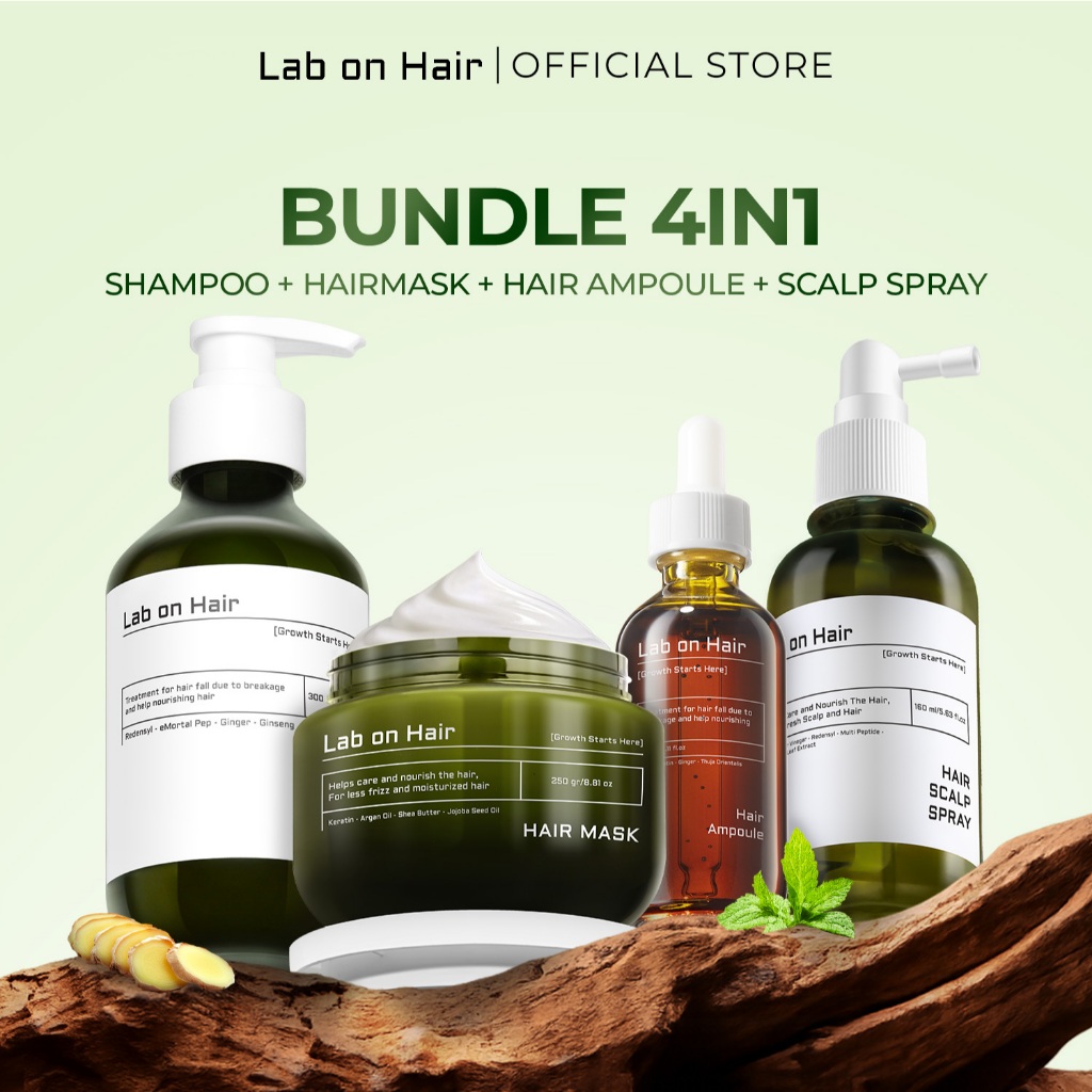 Lab on Hair Bundle 4in1 Shampoo + Ampoule + Scalp Spray + Hair Mask - Paket Lengkap Perawatan Rambut Untuk Menjaga Kesehatan Kulit Kepala dan Menguatkan Rambut Merawat Kesuburan Mempercepat Pertumbuhan Rambut Hair Serum Hair Ampoule Serum