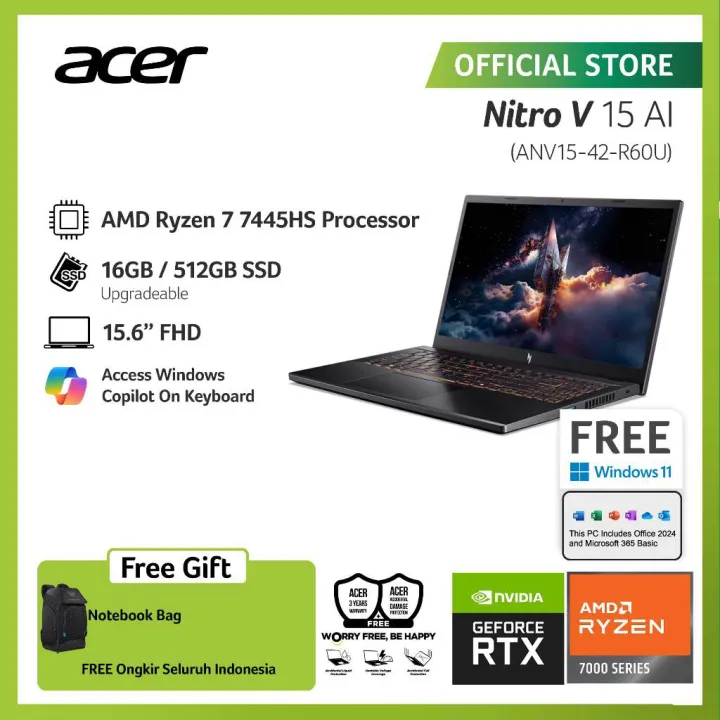 ACER LAPTOP GAMING NITRO V 15 AI ANV15-42-R60U GRAPHIC NVIDIA GEFORCE RTX 4050 15.6" FHD IPS AMD RYZEN 7 7445HS RAM 16GB STORAGE 512GB SSD WINDOWS 11 | Lazada Indonesia
