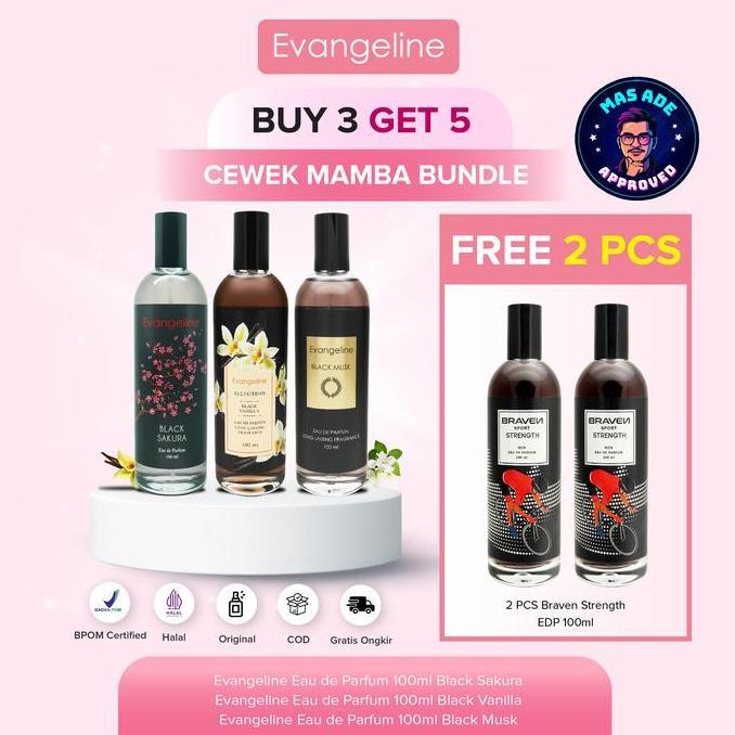 Buy 3 Get 5Cewek Mamba Bundle | Evangeline Black Sakura, Black Vanilla, Black Musk - Free Parfum 100Ml | Parfum Wanita Tahan Lama