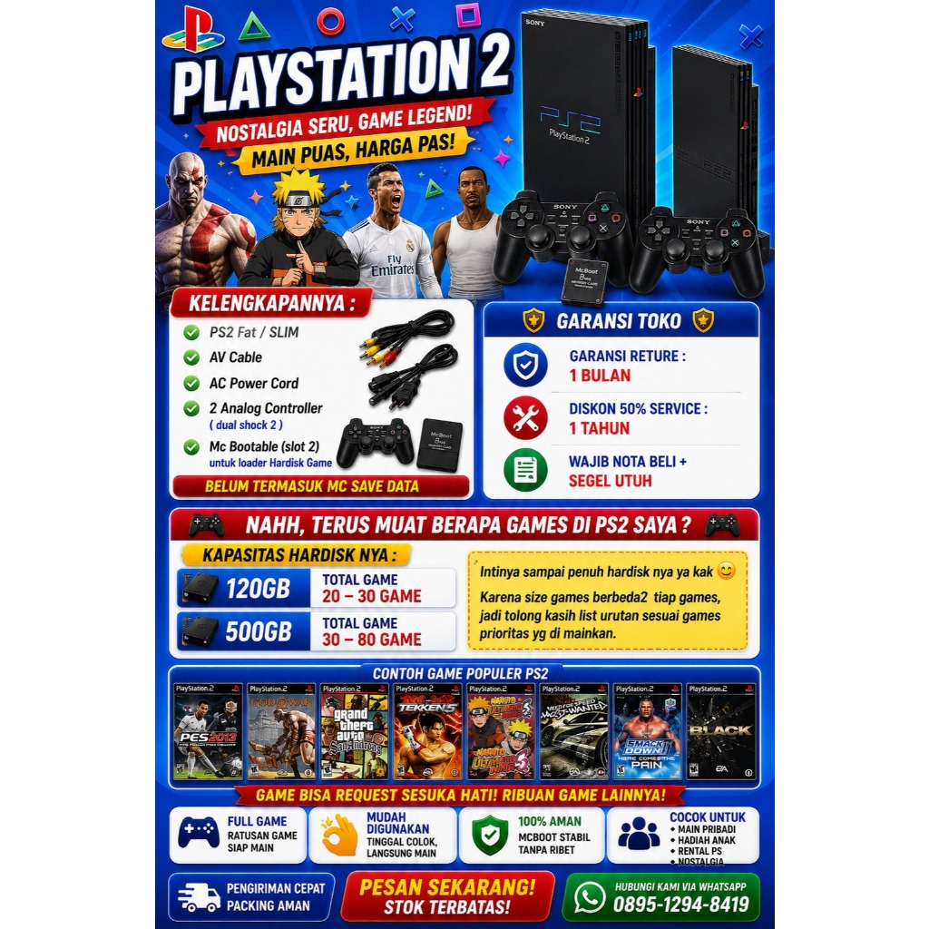 PS2 PS 2 SONY PLAYSTATION 2 FAT SLIM HDD HARDISK FULL GAMES BISA REQUEST GAMES SAMPE PENUH