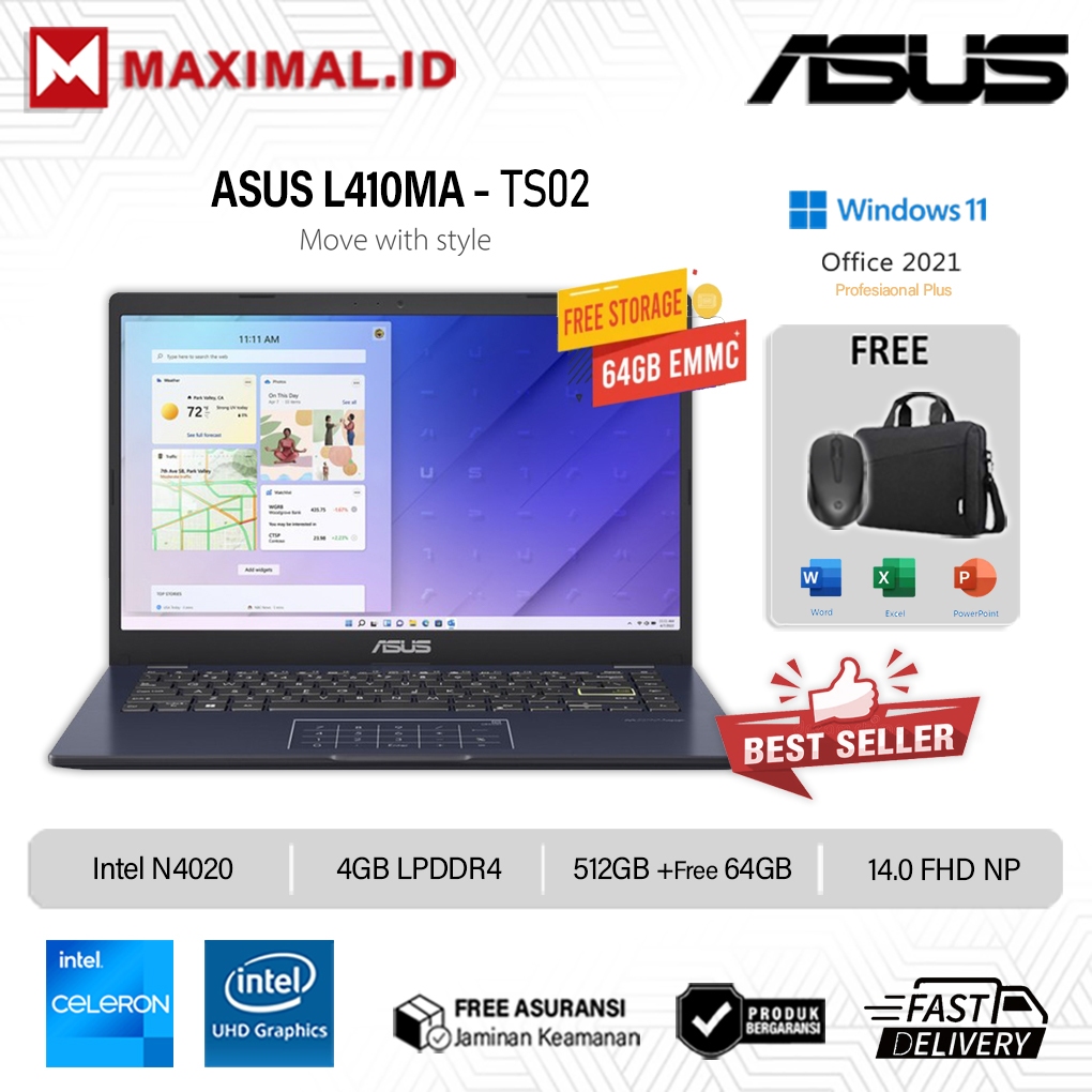 Jual Asus Vivobook L410MA / L510MA Intel N4020 4GB 512GB SSD 14.0 FHD Windows 11 Home Original | Shopee Indonesia