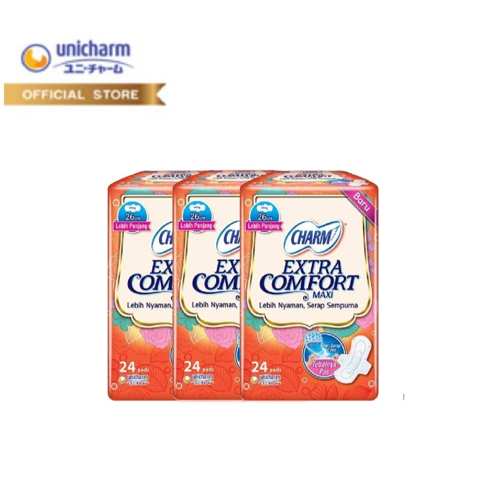 [ 3 Packs ] Charm Pembalut Extra Comfort Maxi 26cm Wing 24 pads - [ Bundle ]