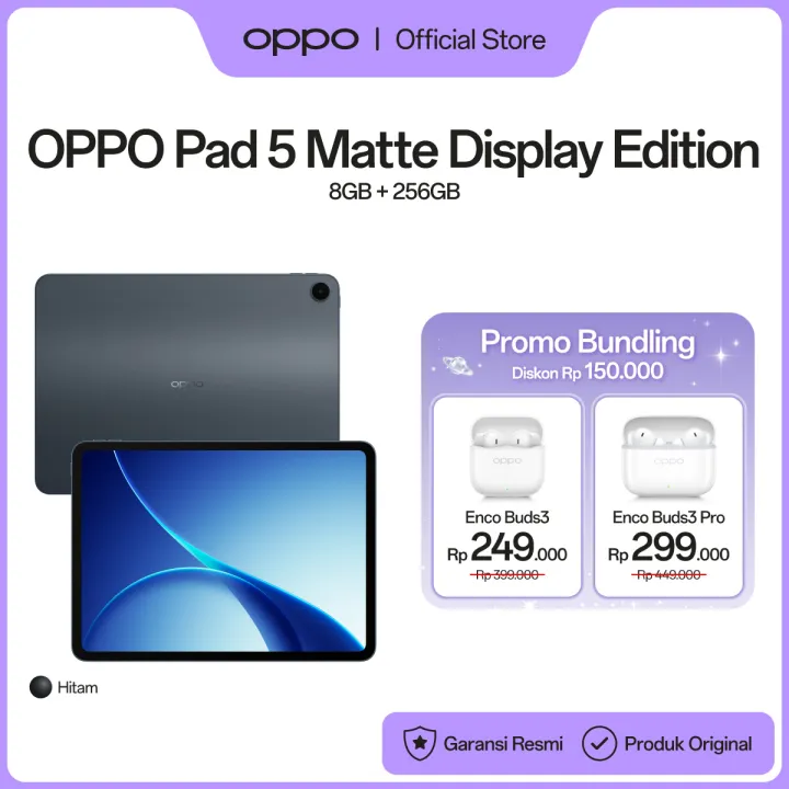 [NEW] OPPO Pad 5 Matte Display Edition 8GB/256GB Starlight Black WIFI [12.1" 2.8K Anti-Glare Matte Display, AI-Powered Note-Taking, 10050mAh Massive Batter] | Lazada Indonesia