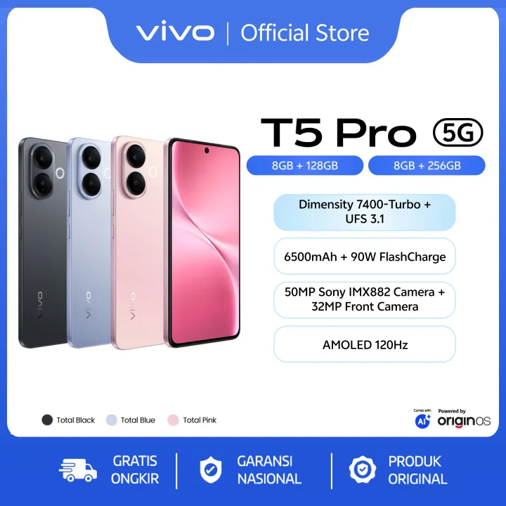 ONLINE EXCLUSIVE] vivo T5 Pro - Dimensity 7400 5G , 6500 mAH + 90W FlashCharge , Origin OS, vivo AI, 50MP Sony IMX 882 | Lazada Indonesia
