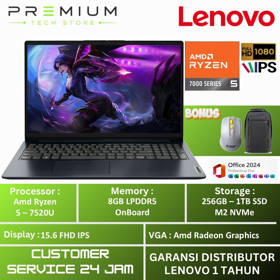 Lenovo IdeaPad Slim 1 15 AMD Ryzen 5 7520U RAM 16GB SSD 512GB 15.6 FHD Windows 11 Resmi