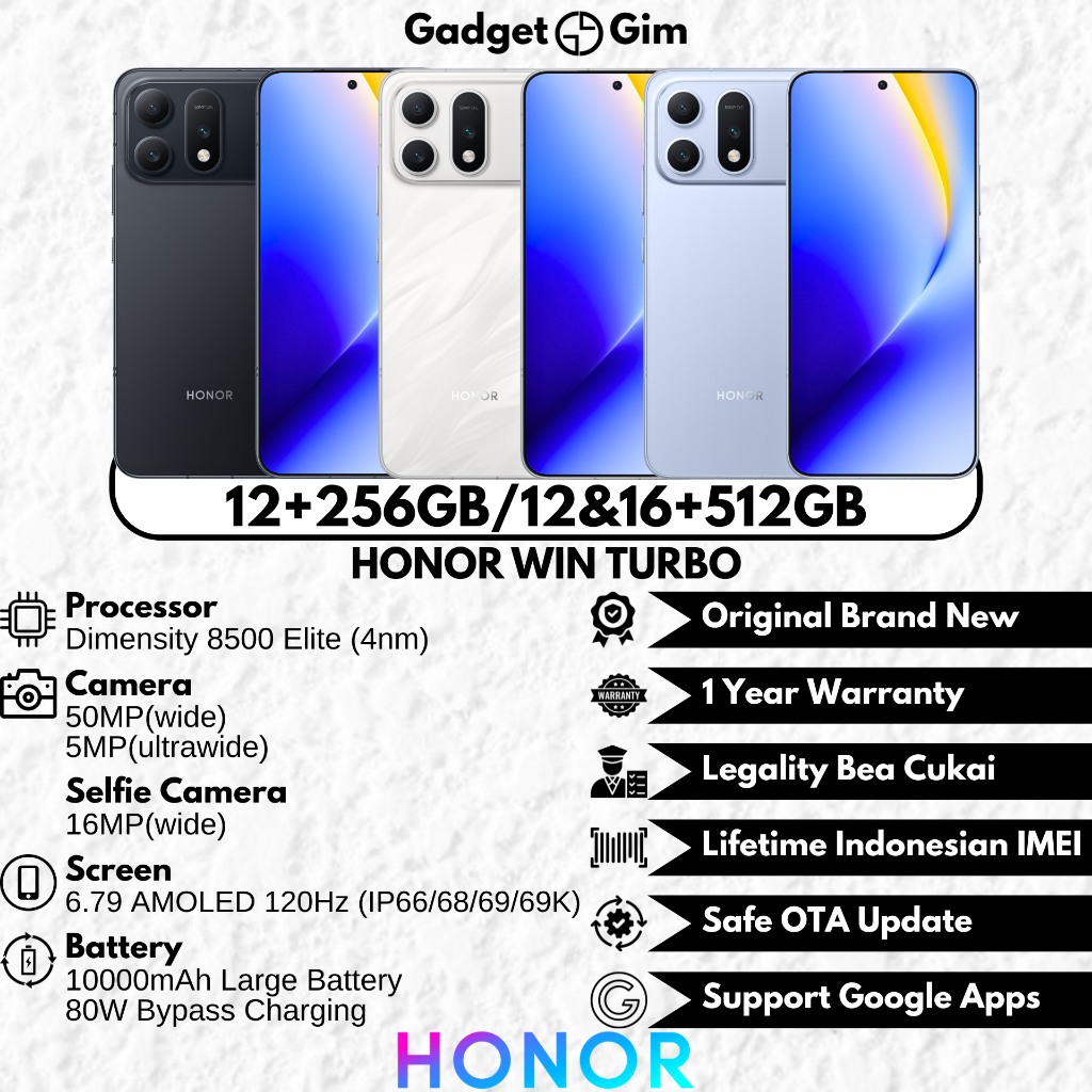 Jual Honor Win Turbo 5G 16GB 512GB Dimensity 8500 Elite 120Hz 10000mAh 80W IP66/68/69/69K BNIB Bergaransi Original | Shopee Indonesia