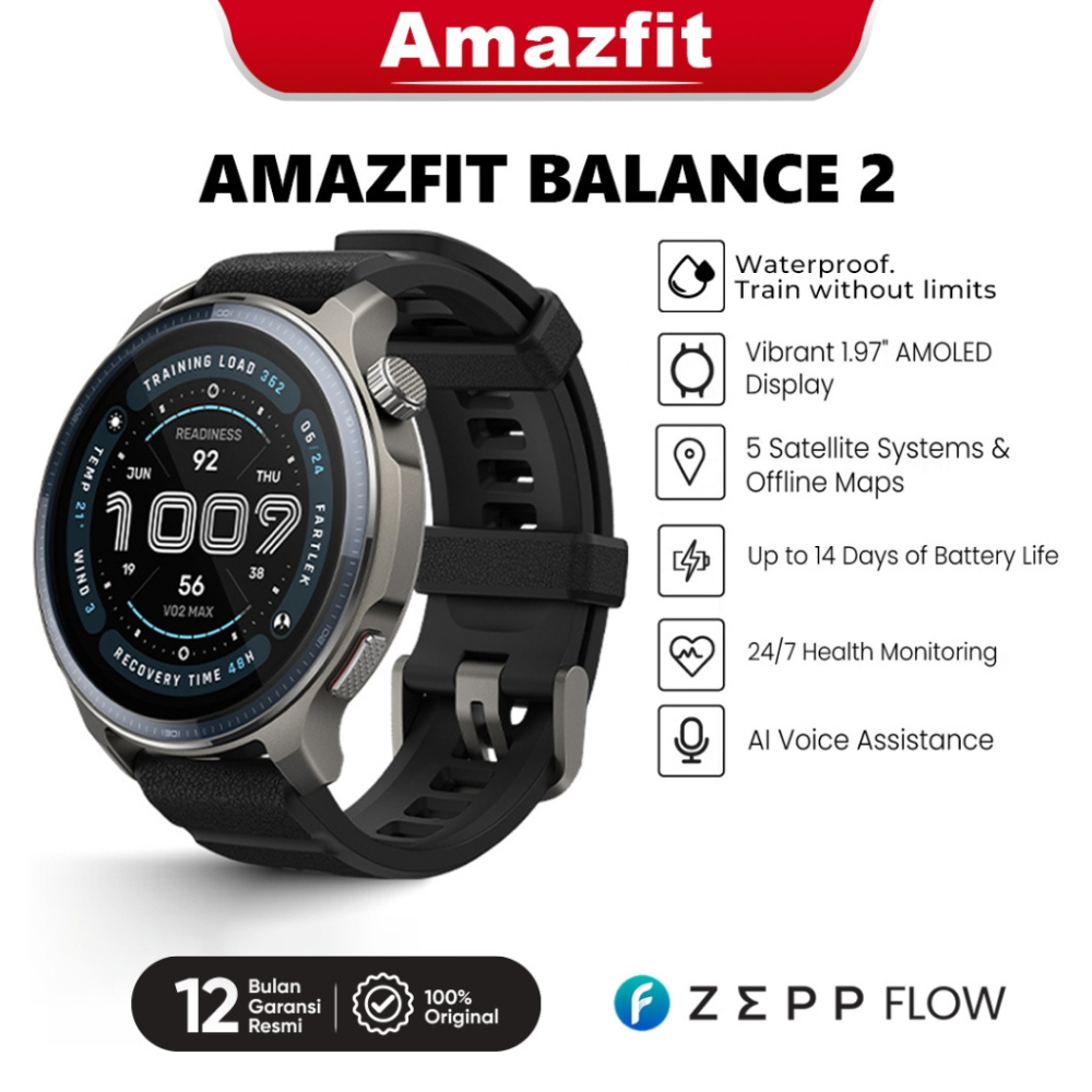 Amazfit Balance 2 Jam Pintar Tahan Air 47mm Layar Kaca Safir 1.5” GPS Panduan Peta 170 Mode Olahraga Pemantauan Kesehatan Baterai Tahan Lama Tali Silikon