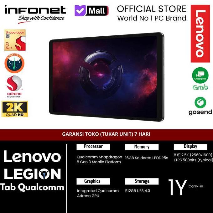 Lenovo Legion Tab Qualcomm Snapdragon 8 Gen 3 16GB 512GB 8.8" 2.5K LTPS Android 14 RAM 16GB/512GB Garansi Resmi 1 Tahun