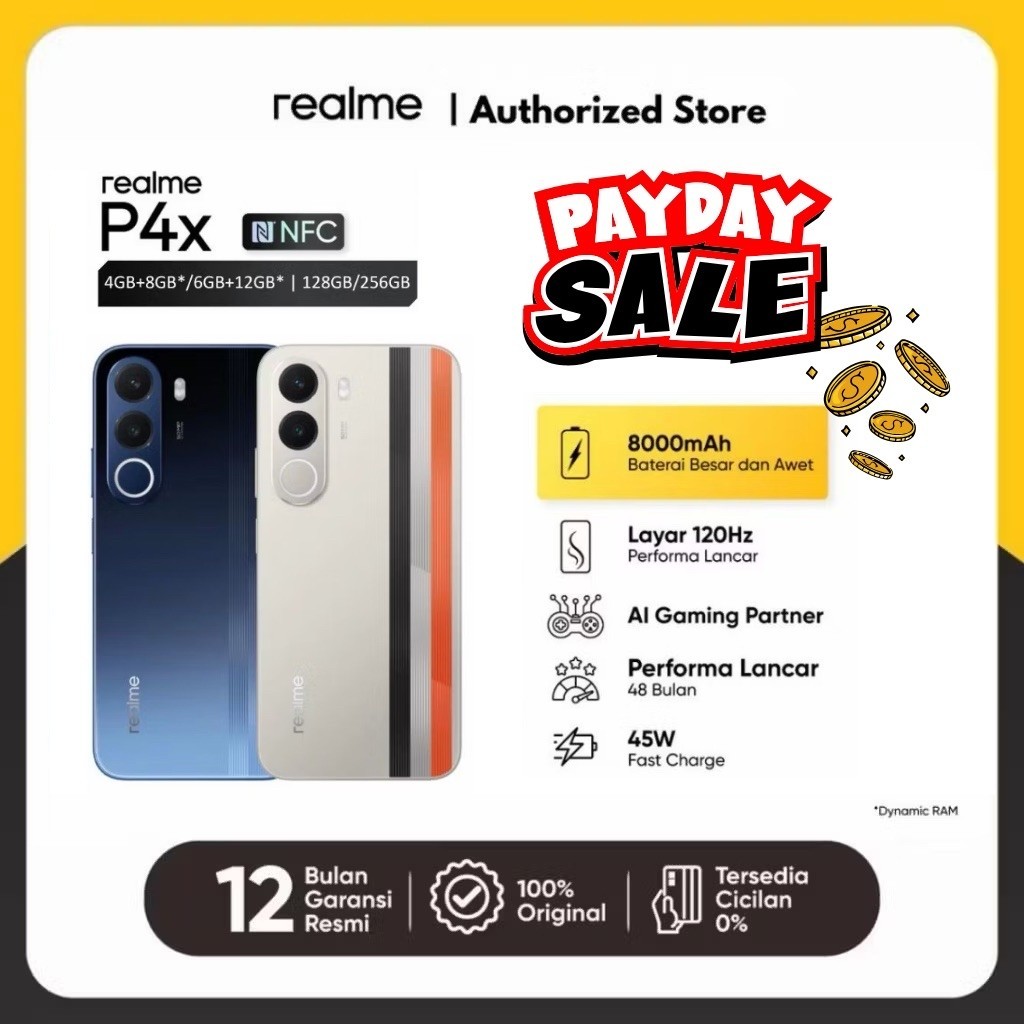 realme P4x 4GB+8GB/ 6GB+8GB*|128GB/256GB (8000mAh Baterai Besar dan Awet | Layar 120Hz Performa Lancar | AI Gaming Partner | Performa Lancar 48 Bulan)