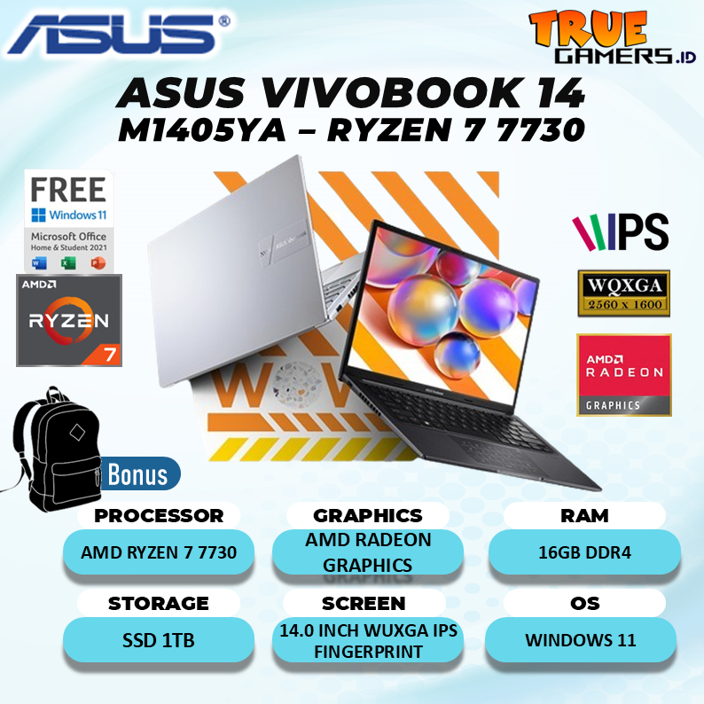 Laptop Asus Vivobook 14 M1405YA AMD Ryzen 7-7730 RAM 16GB 1TB SSD Win11+Office Home 14.0Wuxga IPS