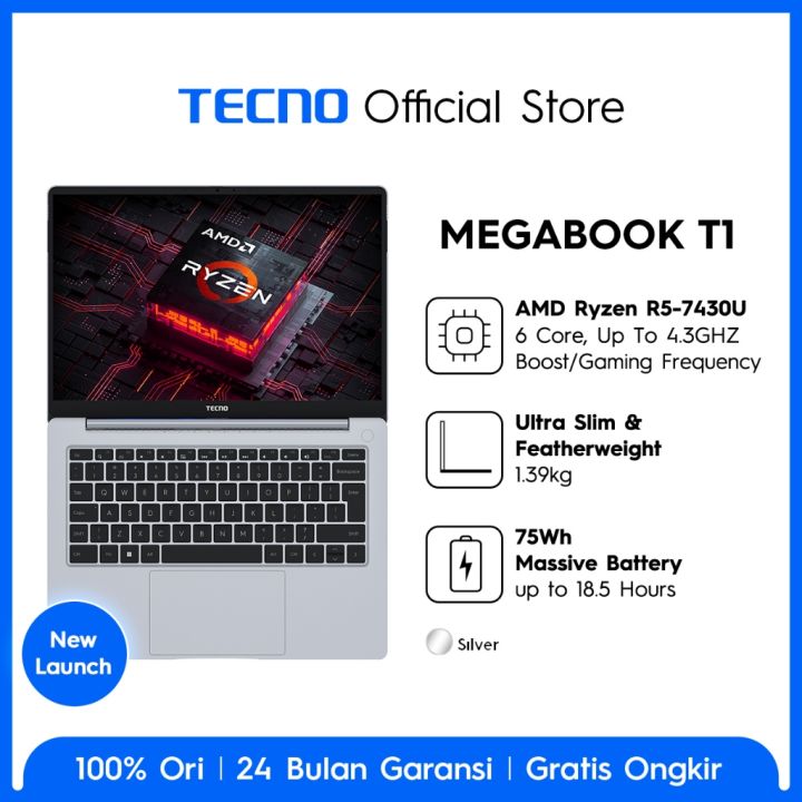 TECNO MEGABOOK T1 R5 - 16GB+512GB, AMD Ryzen 5-7430U, 100%SRGB Display, 75Wh Battery, 65W Type-C GaN PD Fast Charge , DTS X Ultra Immersive Sound, Windows 11, 14inch, Garansi 24 Bulan | Lazada Indonesia