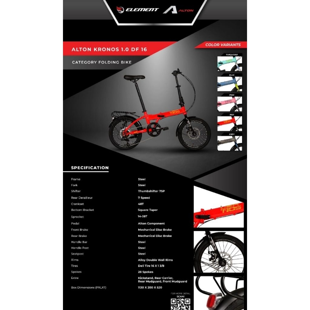 SEPEDA LIPAT 16 / 20 INCH 16" 20" ELEMENT ALTON KRONOS 1.0 DF OPERAN 7 SPEED CAKRAM FRAME BESI HI-TEN STEEL BONCENGAN MURAH TERMURAH TERLARIS ANAK IBU REMAJA DEWASA SEKOLAH HADIAH KADO SURABAYA MODEL TERBARU OLAHRAGA KUAT KOKOH AWET GARANSI ASLI ORIGINAL