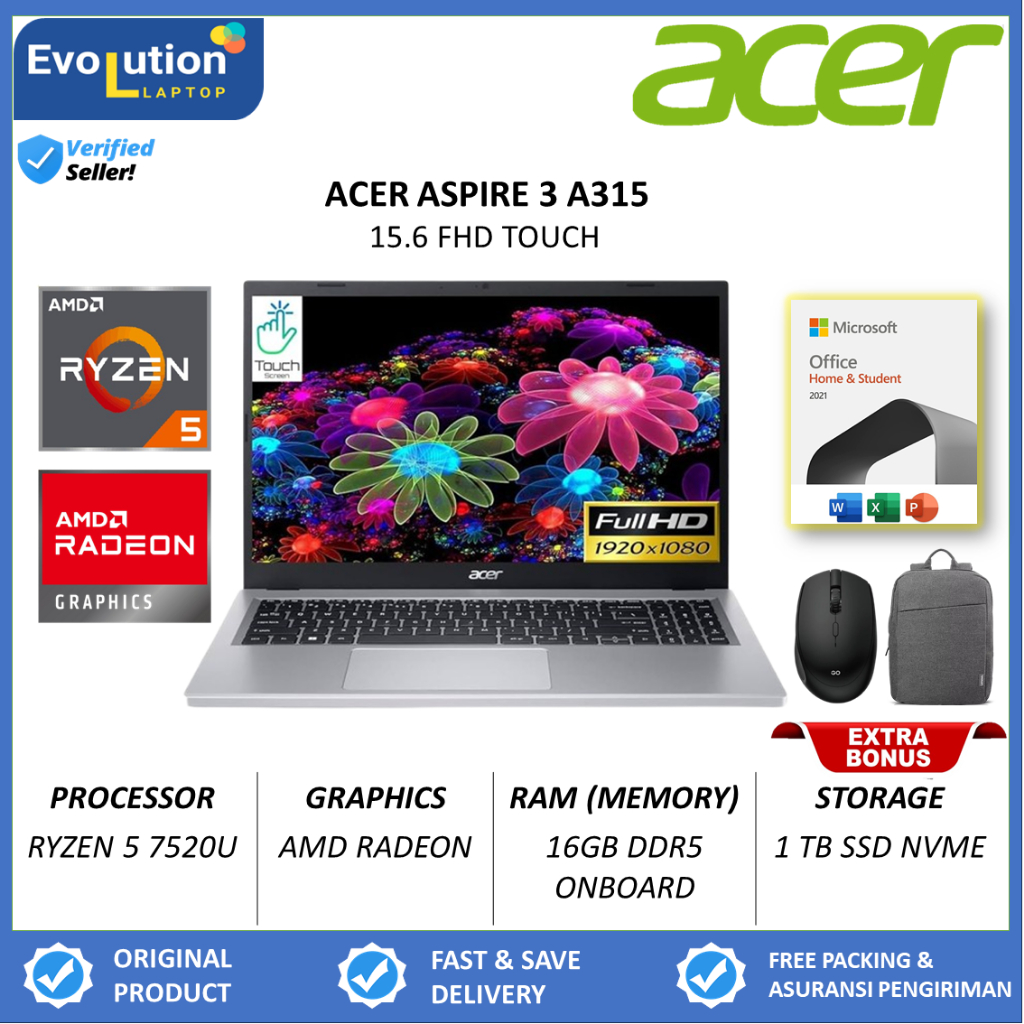 Laptop Gaming ACER ASPIRE 3 A315 AMD RYZEN 5 7520U 16GB DDR5 1TB 15.6 FHD TOUCH Win11Home