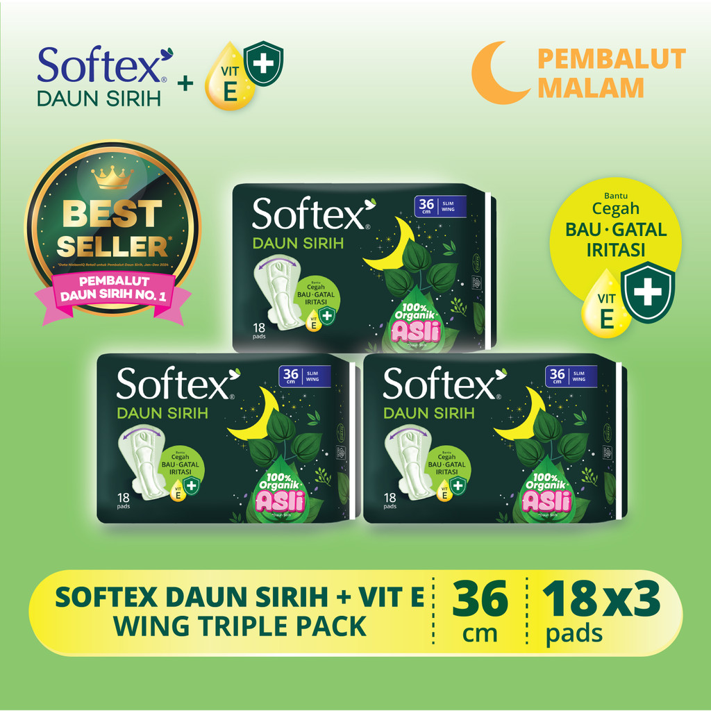 Softex Daun Sirih + Vitamin E Jumbo Pack 36cm 18s x 3 Pack - Pembalut Daun Sirih Malam