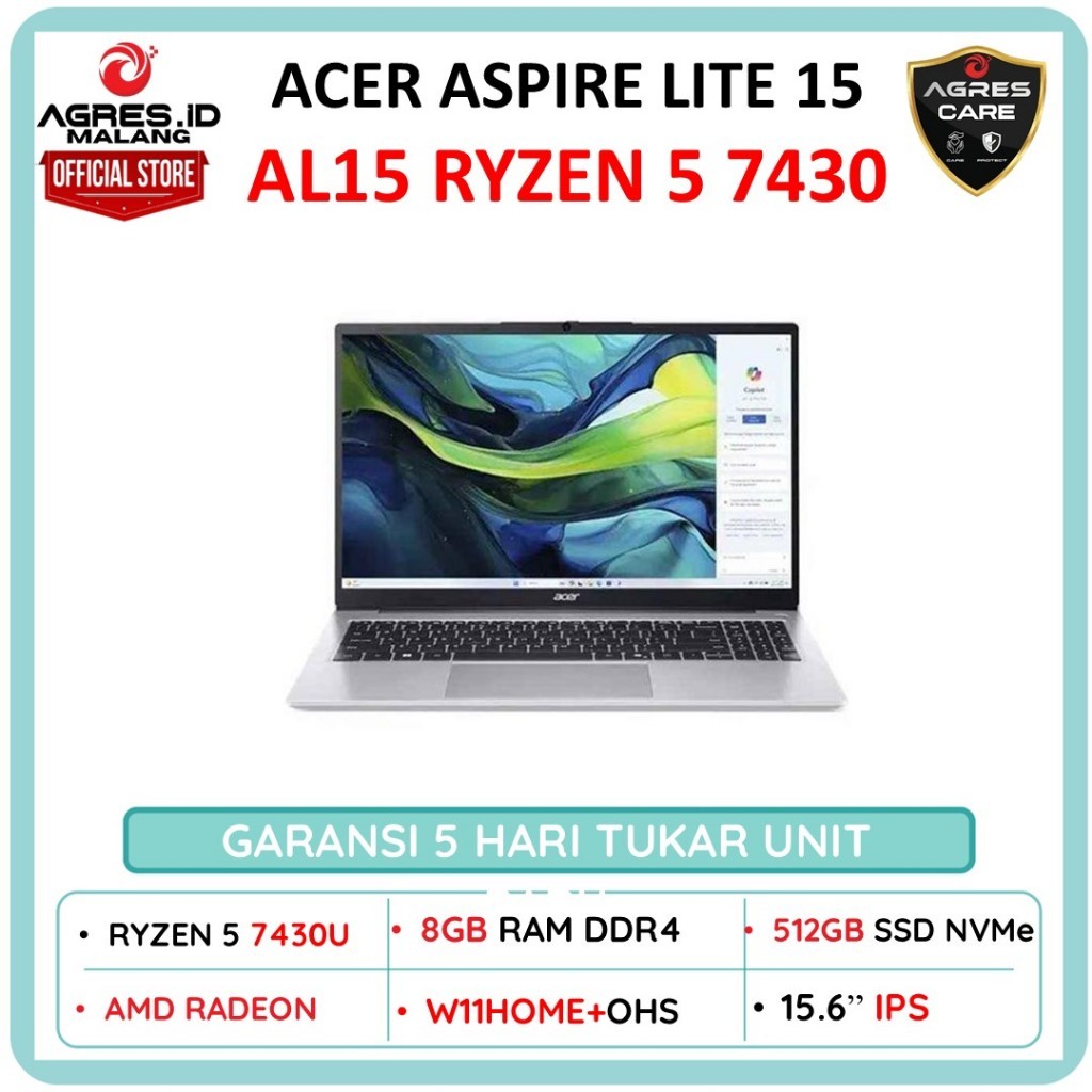 ACER ASPIRE LITE 15 AL15 RYZEN 5 7430 8GB 512GB W11+OHS+M365B 15" FHD IPS 1Y