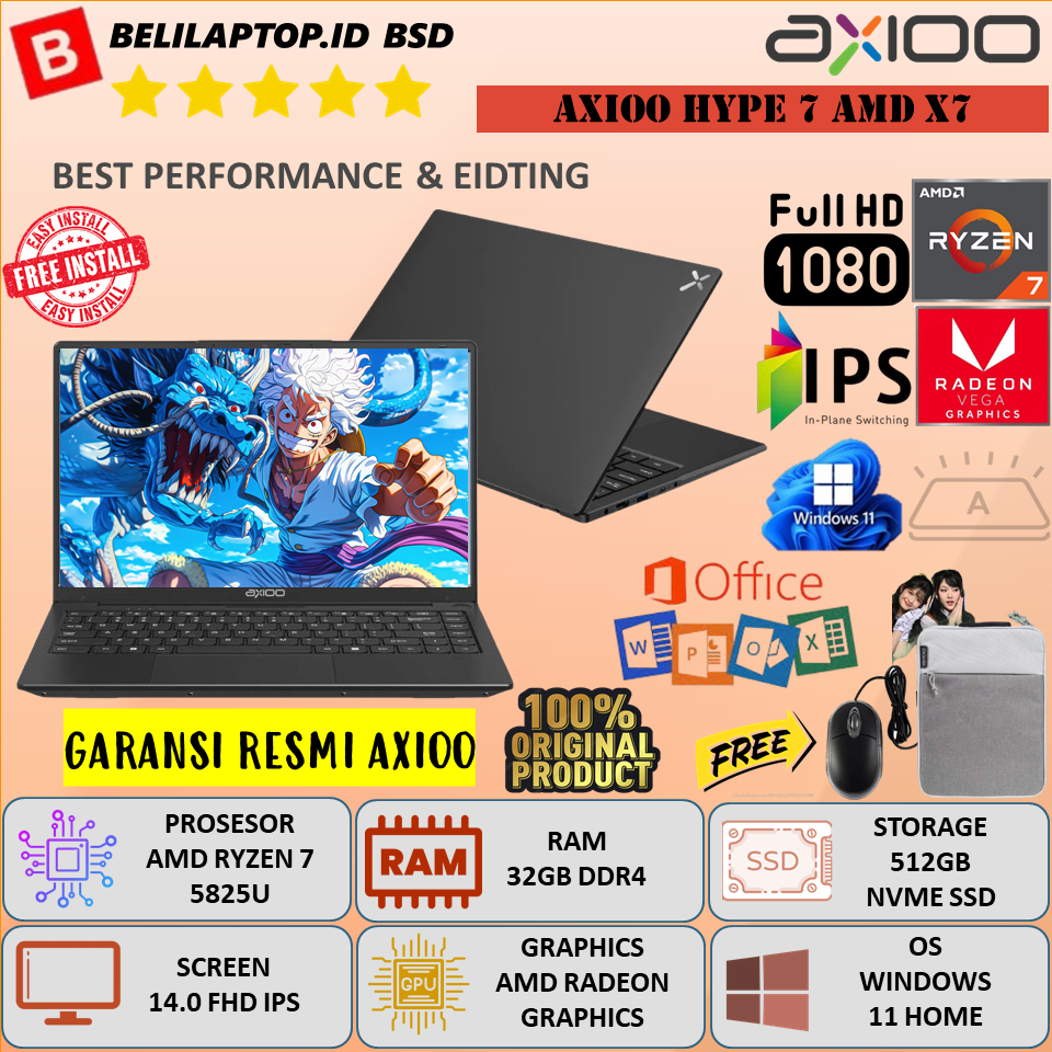 Laptop Gaming Axioo Mybook Hype 7 X7 AMD RYZEN 7 5825U RAM 16GB DDR4 512GB SSD 14" FHD IPS Windows 11  Original