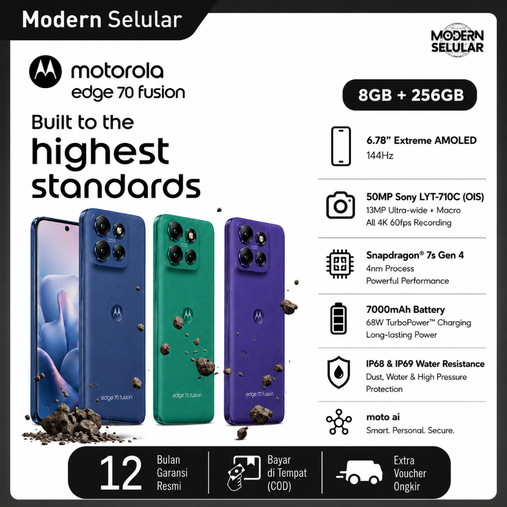 Motorola Edge 70 Fusion - Snapdragon7s Gen4 - MotoAI - 6.78” Extreme AMOLED 144Hz - 50MP Sony LYT710 OIS Rear, 13MP UW/Macro - All 4K 60fps - 1.5K Display HDR10+ - 7000mAh 68W - IP68/IP69 | Military Grade