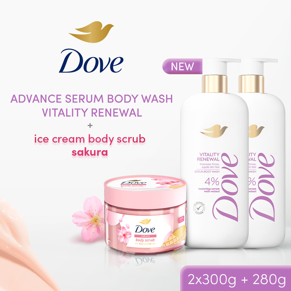 [SPECIAL SET] 2 Dove Advanced Serum Vitality Renewal Body Wash - Sabun Mandi Cair untuk Menutrisi dan Mengatasi Tanda Penuaan Kulit 300G + 1 Dove Ice Cream Body Scrub Sakura Radiant Glow Niacinamide 280G