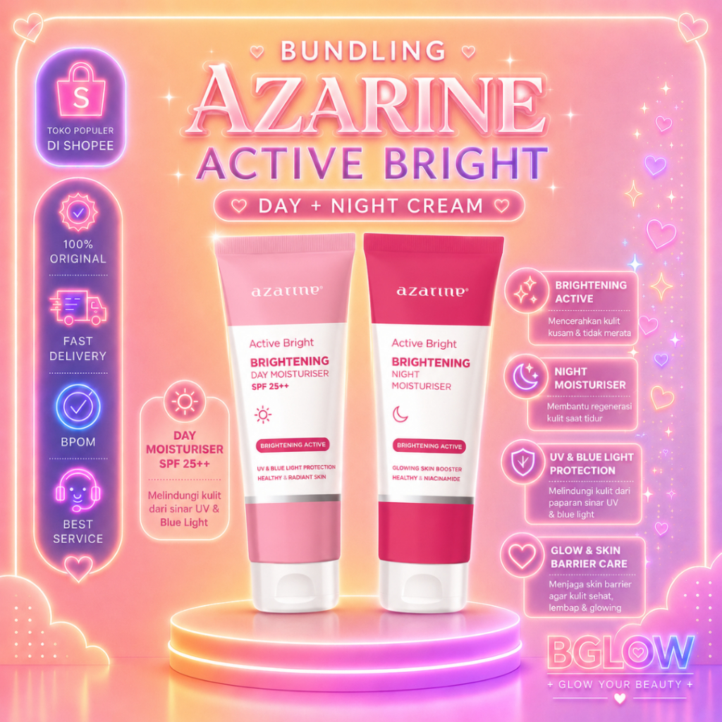 [ISI 2PCS] BUNDLE AZARINE ACTIVE BRIGHT DAY + NIGHT CREAM | Azarine Active Bright - Brightening Night Moisturiser 20gr | Azarine Active Bright - Brightening Day Moisturiser SPF 25++ 20gr BGLOW BEAUTYGLOWING
